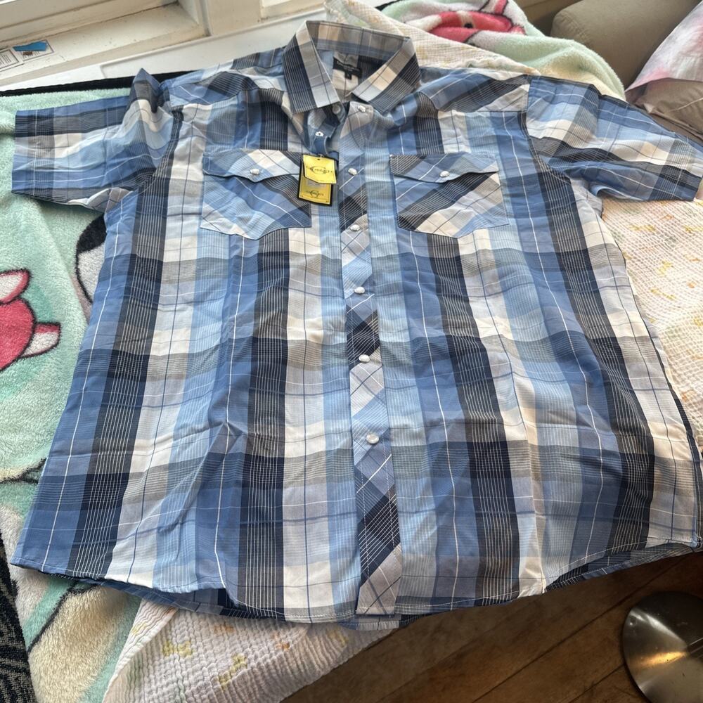 Gioberti Western Shirt Men’s L Blue Plaid Pearl Snap Short Sleeve Rockabilly